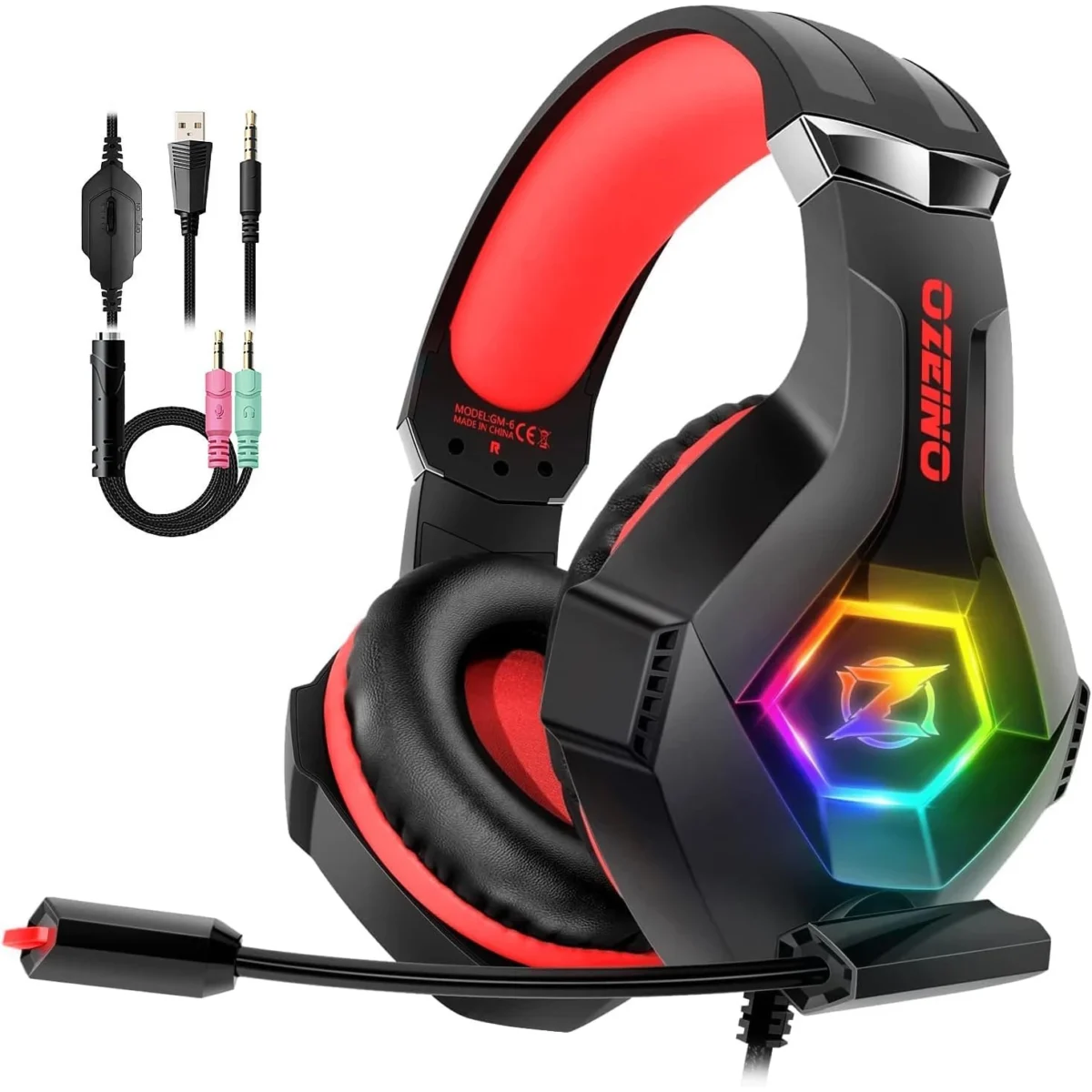 Ozeino GM6 RGB Gaming Headset - Stereo Sound (Red)