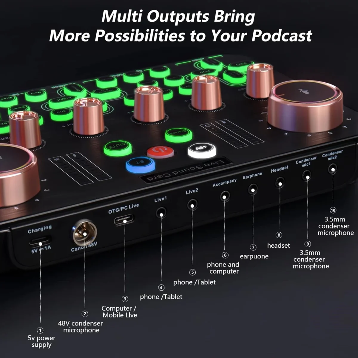 K600 Sound Card Professional Live 48V Phantom Power Broadcast Equipment Accessory Audio Sound Card Mixer Mobile Phone Computer Universal