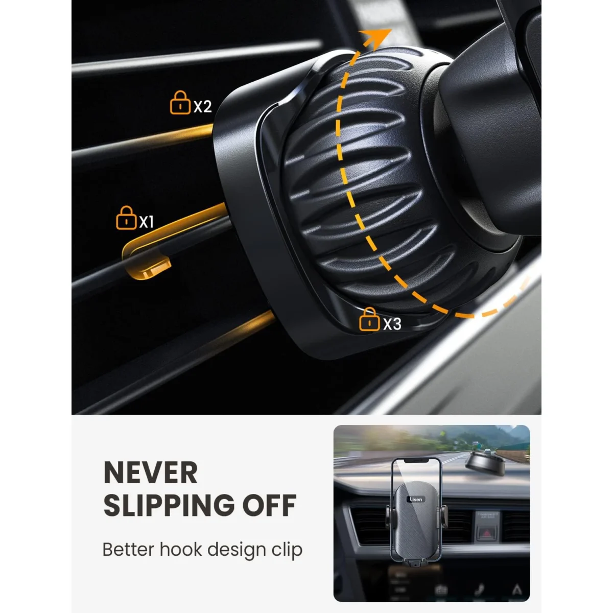 LISEN Car Cell Phone Holder Mount, Universal Phone Holder Mount for Car Vent, Hands Free&No Blocking, Dash Car Phone Holder Mount for Dashboard Air Vent Windshield Fit All 4''-7'' iPhone Android