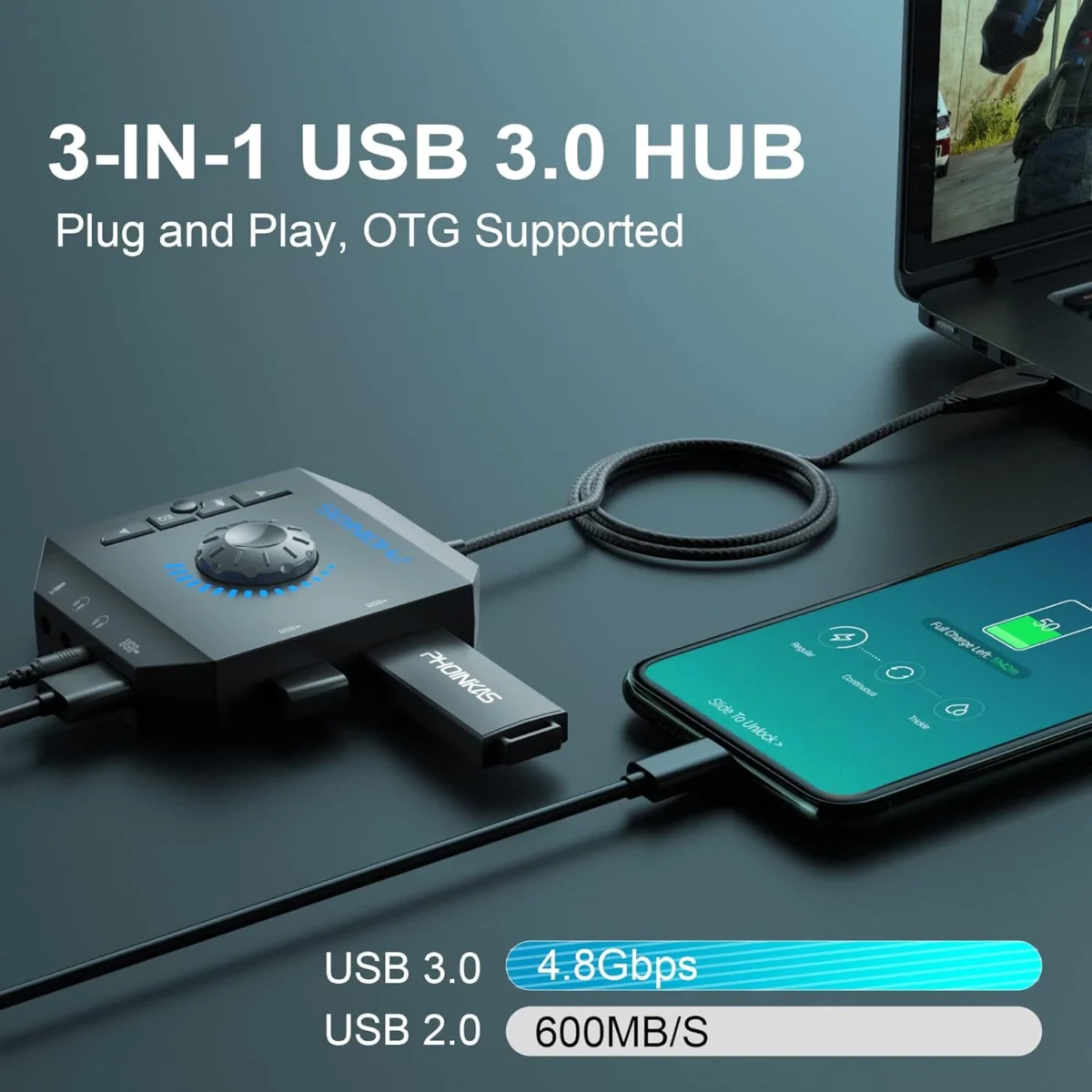 PHOINIKAS T10 External Sound Card, 3 USB Ports 6-in-1
