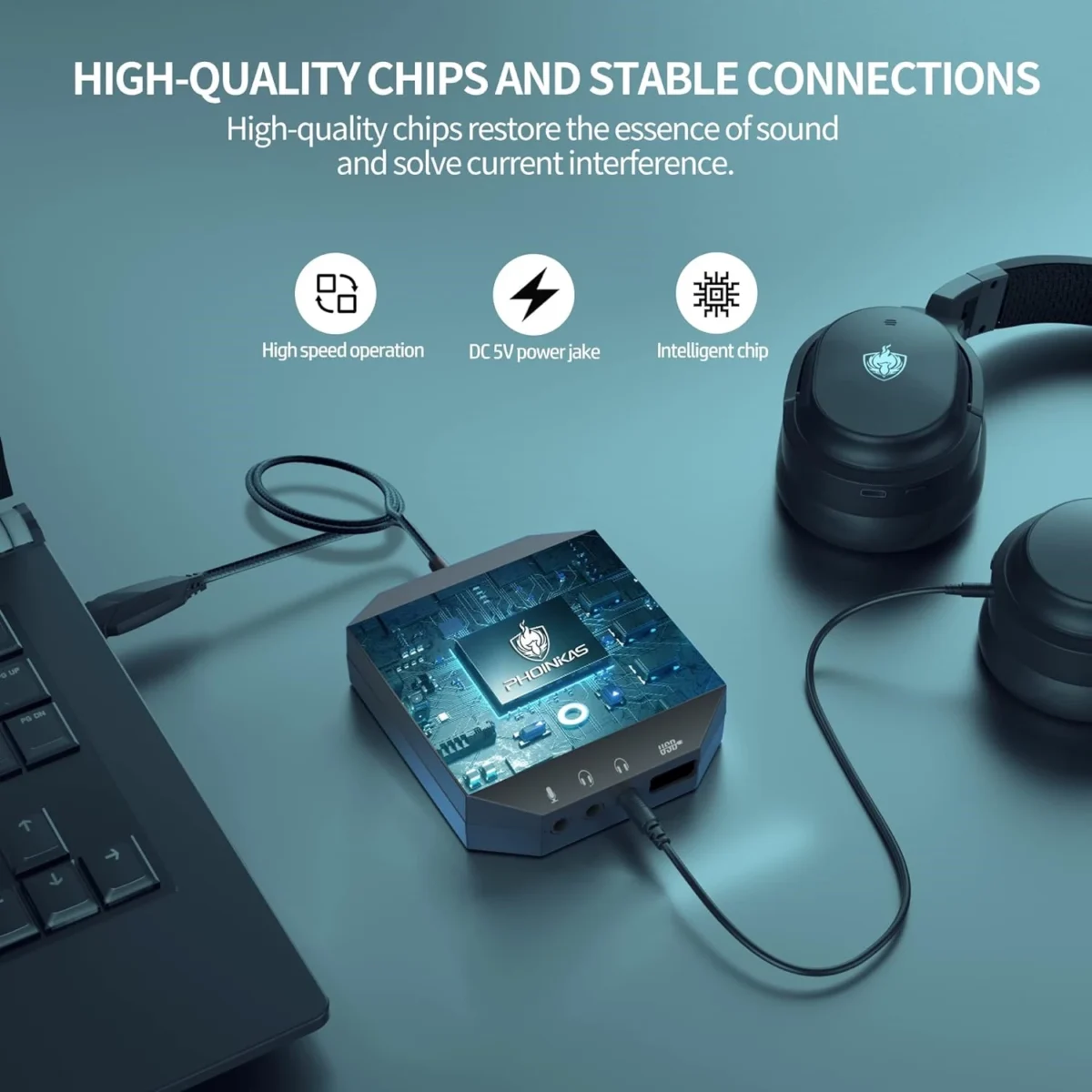 PHOINIKAS T10 External Sound Card, 3 USB Ports 6-in-1