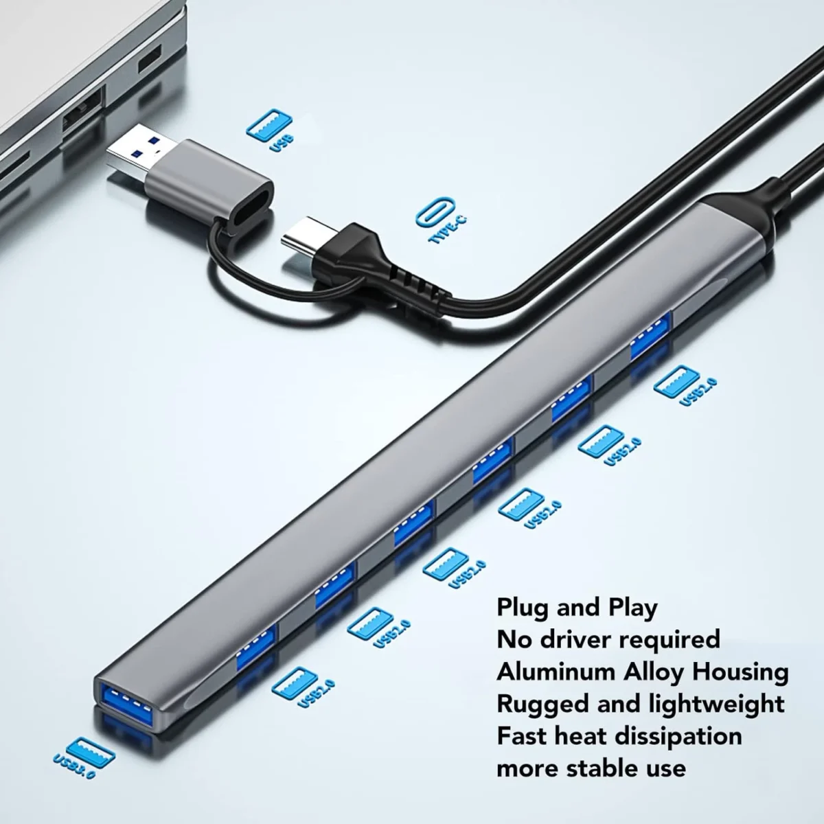 USB C + USB 3.0 to 7 USB Ports for MacBook Pro, iMac 2021, USB Splitter Aluminum Alloy
