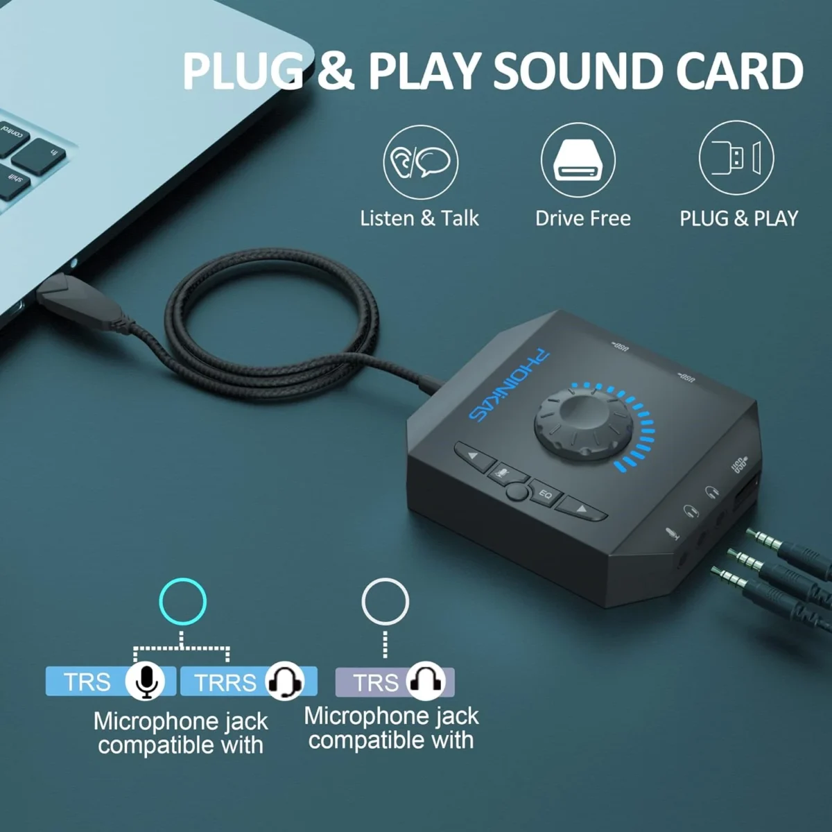 PHOINIKAS T10 External Sound Card, 3 USB Ports 6-in-1