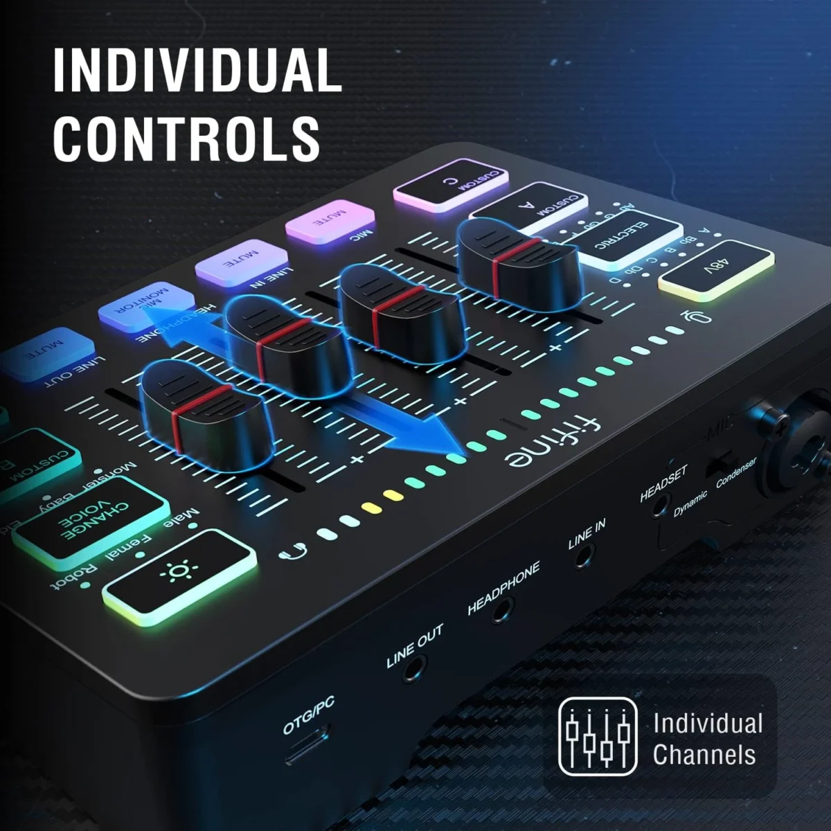FIFINE SC3 AmpliGame Gaming Audio Mixer, with XLR Microphone Interface, Individual Control, Volume Fader, Mute Button, 48V Phantom Power