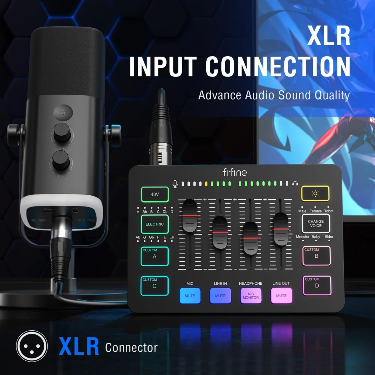 FIFINE SC3 AmpliGame Gaming Audio Mixer, with XLR Microphone Interface, Individual Control, Volume Fader, Mute Button, 48V Phantom Power