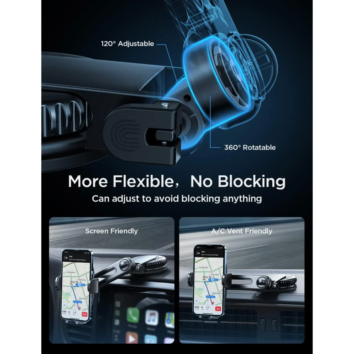 LISEN Car Cell Phone Holder Mount, Universal Phone Holder Mount for Car Vent, Hands Free&No Blocking, Dash Car Phone Holder Mount for Dashboard Air Vent Windshield Fit All 4''-7'' iPhone Android