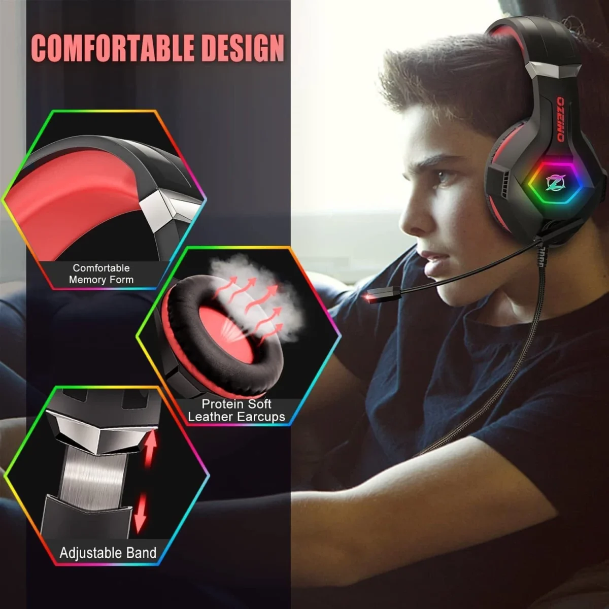 Ozeino GM6 RGB Gaming Headset - Stereo Sound (Red)