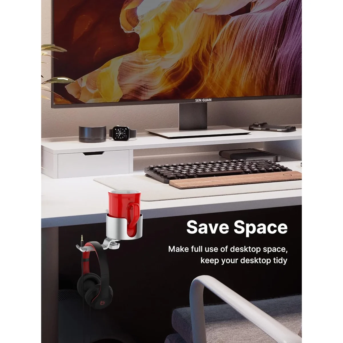 Aluminum 2in1 Desk Cup Holder with Rotable Headphone Hanger, Anti-Spill Durable (Silver)