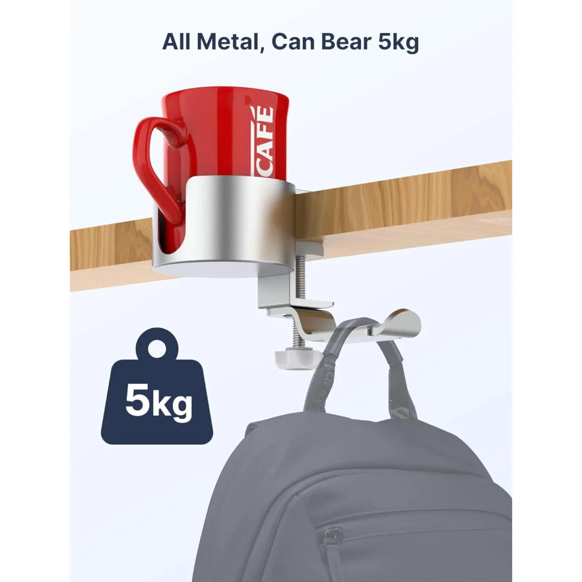 Aluminum 2in1 Desk Cup Holder with Rotable Headphone Hanger, Anti-Spill Durable (Silver)