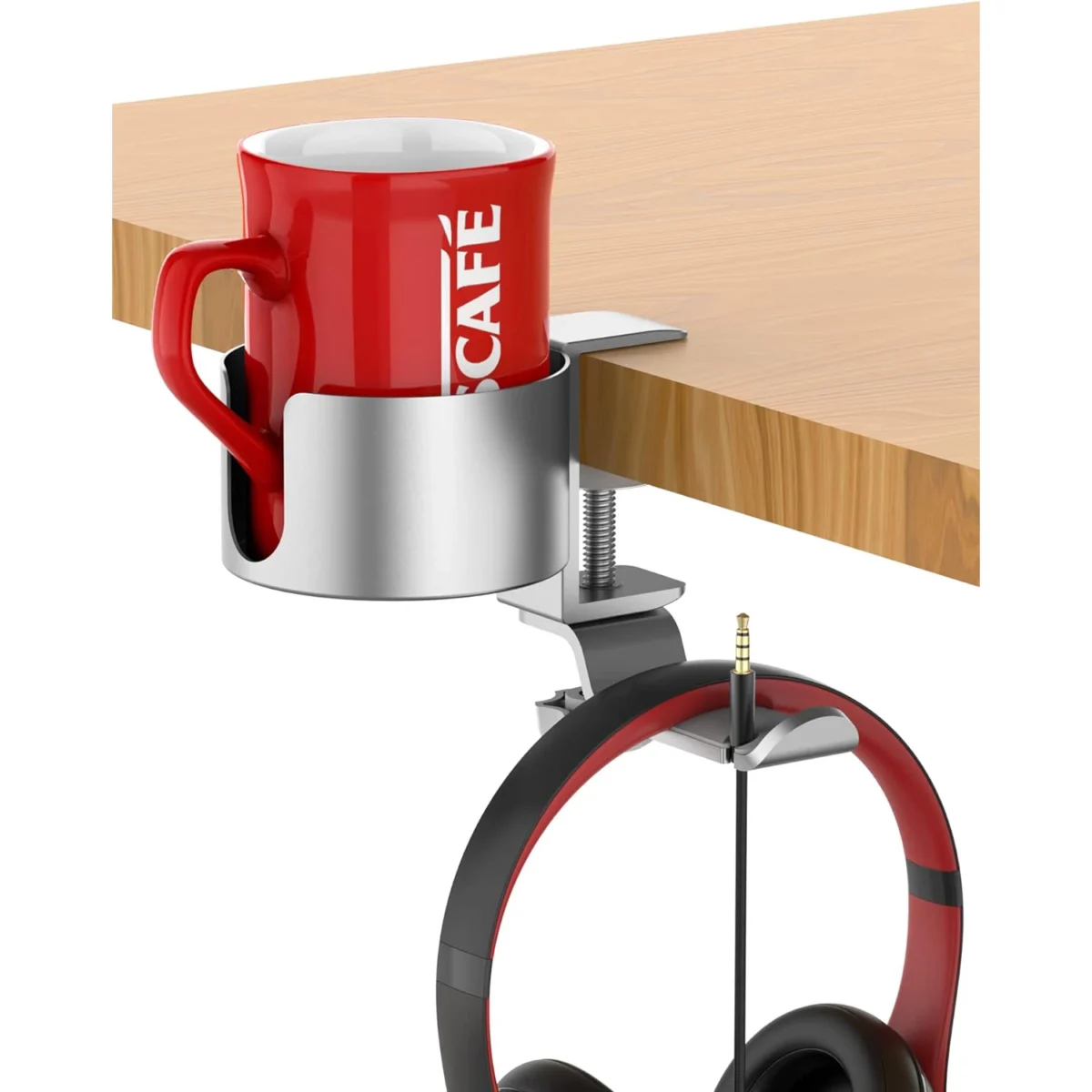 Aluminum 2in1 Desk Cup Holder with Rotable Headphone Hanger, Anti-Spill Durable (Silver)