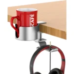 Aluminum 2in1 Desk Cup Holder with Rotable Headphone Hanger, Anti-Spill Durable (Silver)