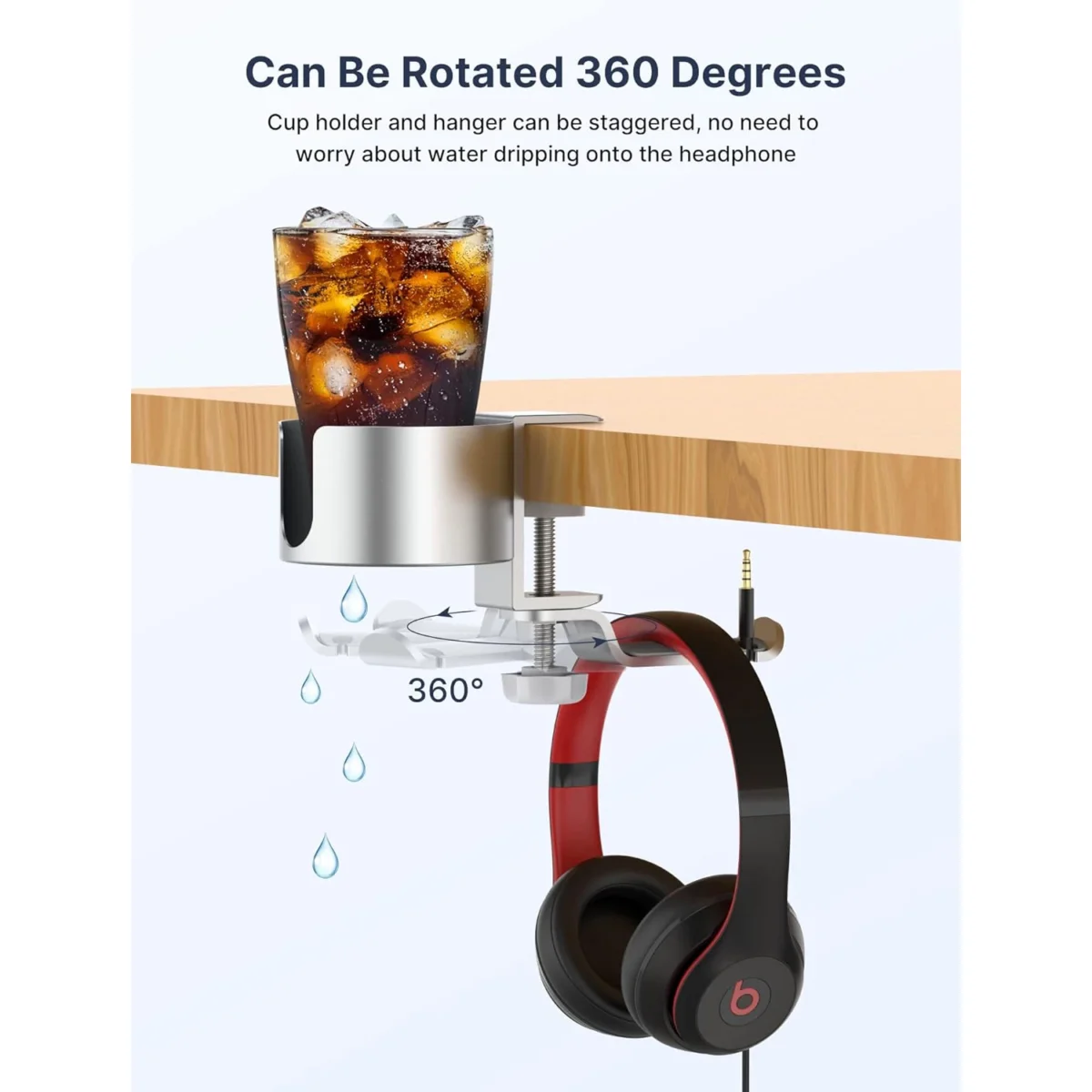 Aluminum 2in1 Desk Cup Holder with Rotable Headphone Hanger, Anti-Spill Durable (Silver)