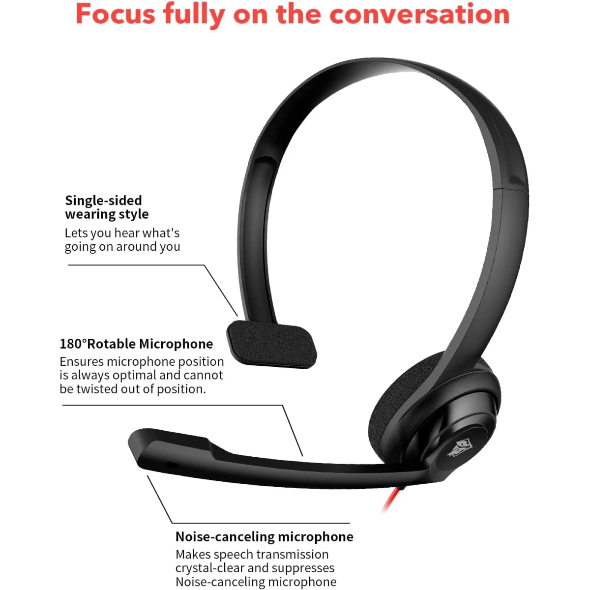 NUBWO HW02 USB Headset with Microphone Noise Cancelling &Audio Controls, Super Light (Mono)