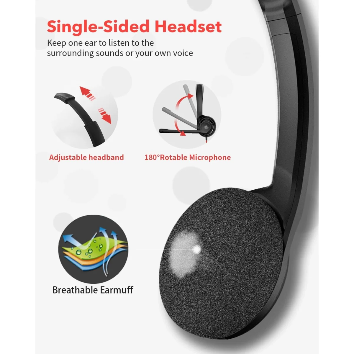 NUBWO HW02 USB Headset with Microphone Noise Cancelling &Audio Controls, Super Light (Mono)