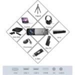 T6 Video projector 2000ANSI Lumens 1280P LCD Technology Mini Portable HD Theater Projector, Android Version, Support HDMI, AV, VGA, USB (Silver)