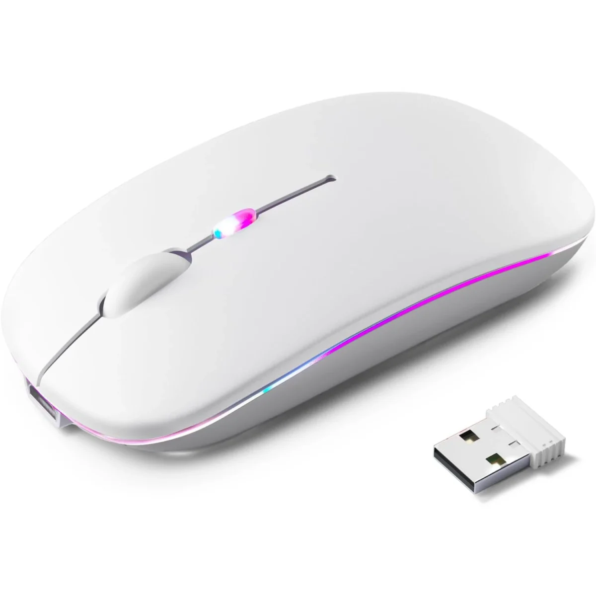 Wireless Bluetooth Silent Mouse, Rechargeable LED Dual Mode (Bluetooth 5.2 and USB Receiver) (White)