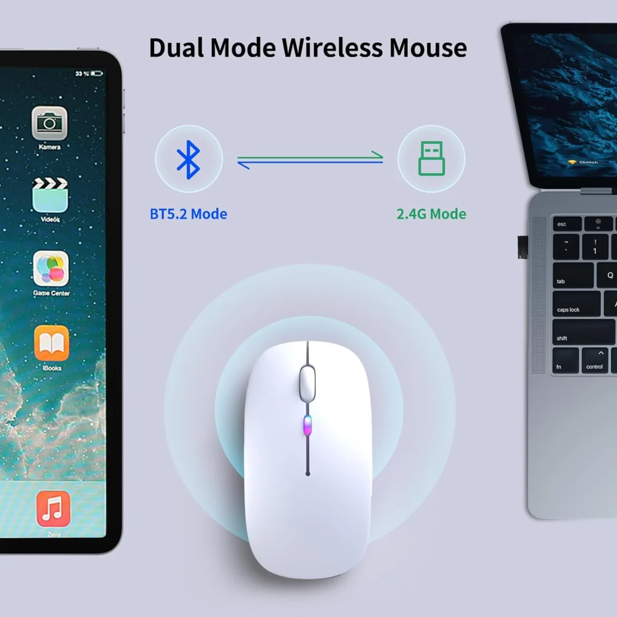 Wireless Bluetooth Silent Mouse, Rechargeable LED Dual Mode (Bluetooth 5.2 and USB Receiver) (White)