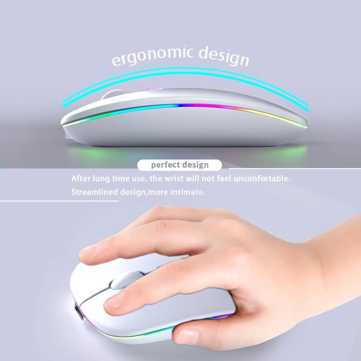Wireless Bluetooth Silent Mouse, Rechargeable LED Dual Mode (Bluetooth 5.2 and USB Receiver) (White)