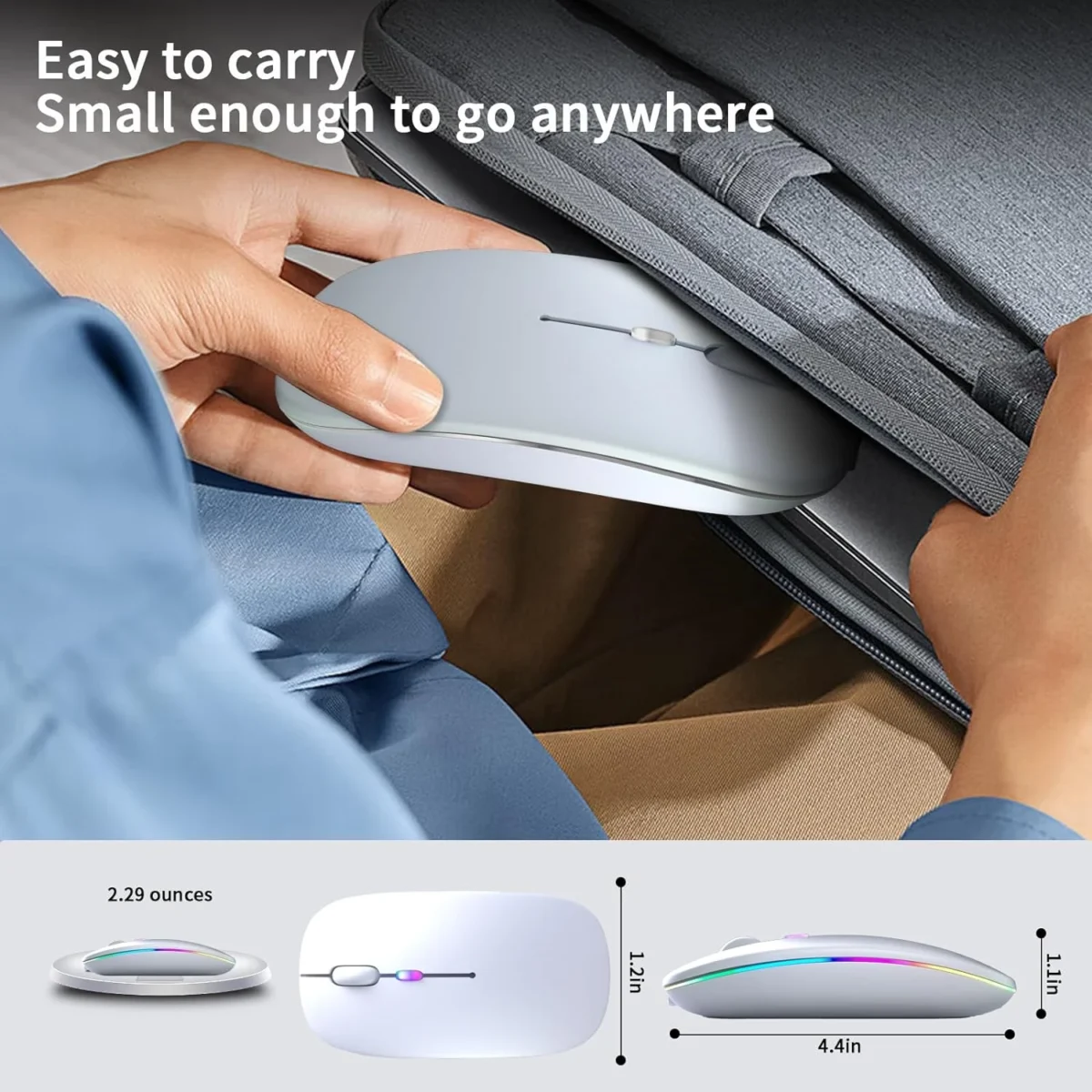 Wireless Bluetooth Silent Mouse, Rechargeable LED Dual Mode (Bluetooth 5.2 and USB Receiver) (White)
