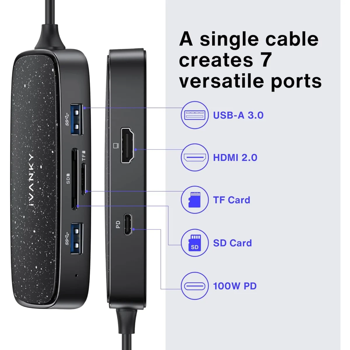 IVANKY USB C Hub 7-in-1  with 4K HDMI, 100W Power Delivery, 3 USB-A 3.0, SD/TF Card Readers