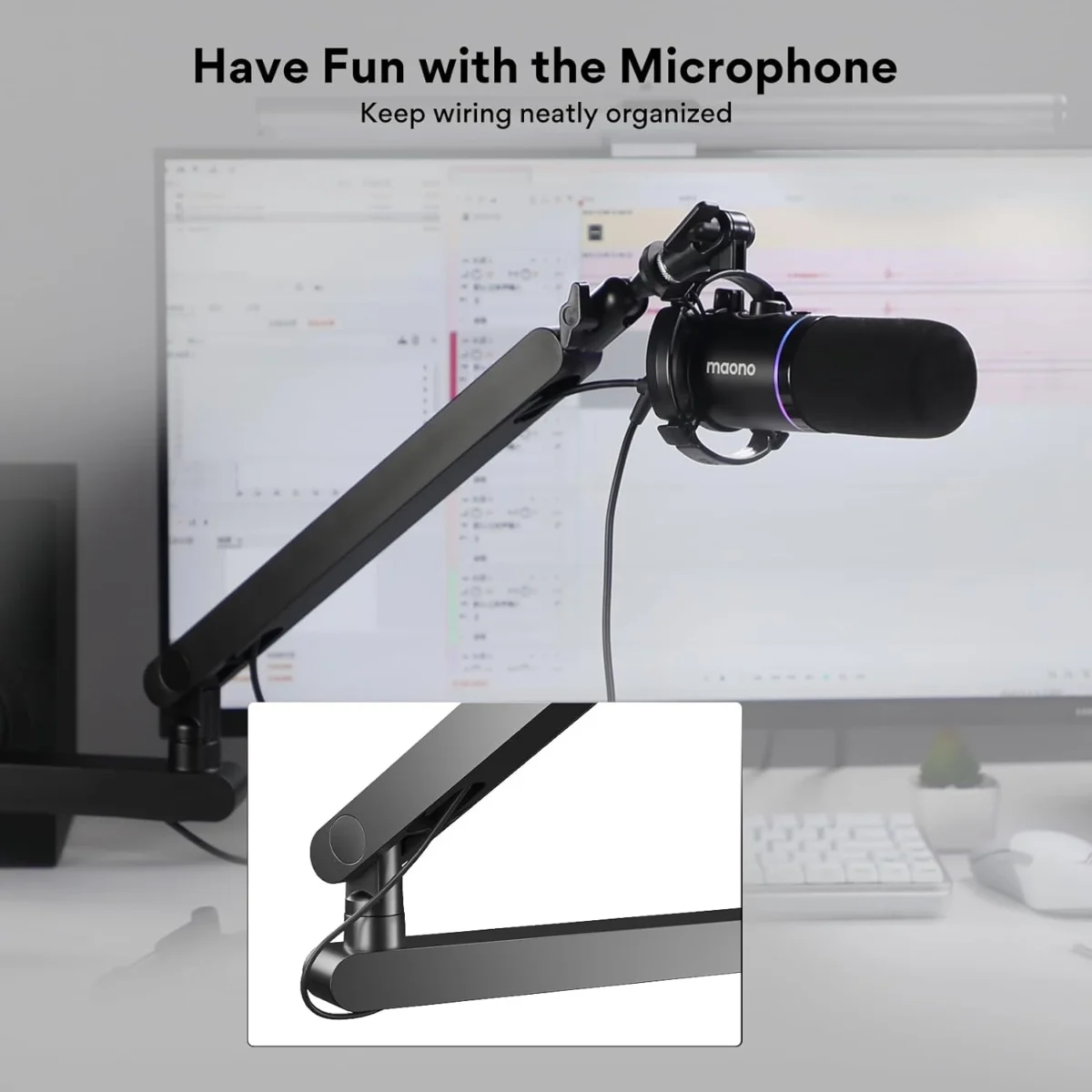 MAONO BA92 Low Profile Microphone Arm, Mic Boom Arm with Cable Management Channels, Desk Clamp, Versatile Mounting, and Fully Adjustable, Heavy Duty Microphone Stand