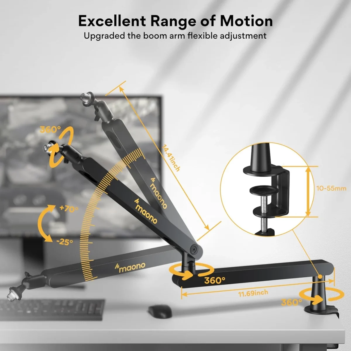 MAONO BA92 Low Profile Microphone Arm, Mic Boom Arm with Cable Management Channels, Desk Clamp, Versatile Mounting, and Fully Adjustable, Heavy Duty Microphone Stand