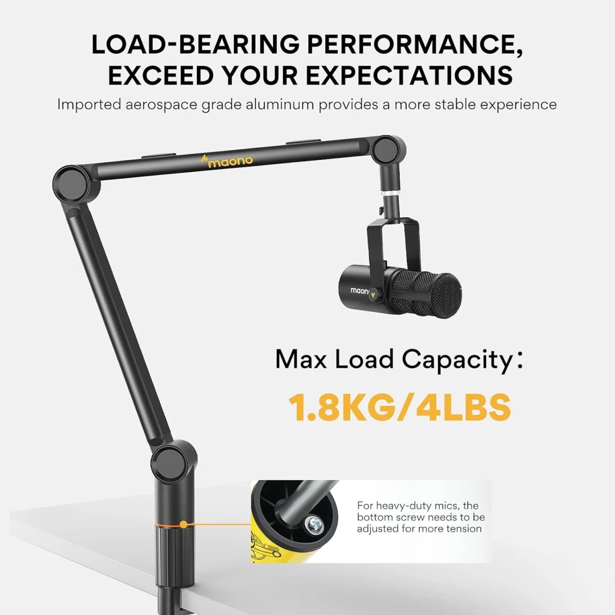 Maono BA90 Microphone Boom Arm, [ Sturdy & Stable] [Adjustable 360°]Rotatable Mic Boom Arm Stand with 38 to 58 Adapter, Heavy Duty Microphone Stand