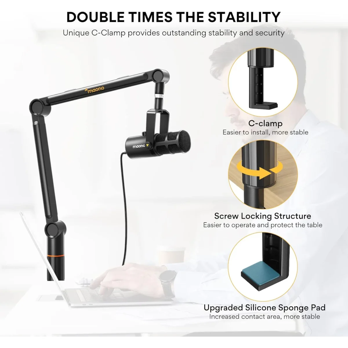 Maono BA90 Microphone Boom Arm, [ Sturdy & Stable] [Adjustable 360°]Rotatable Mic Boom Arm Stand with 38 to 58 Adapter, Heavy Duty Microphone Stand