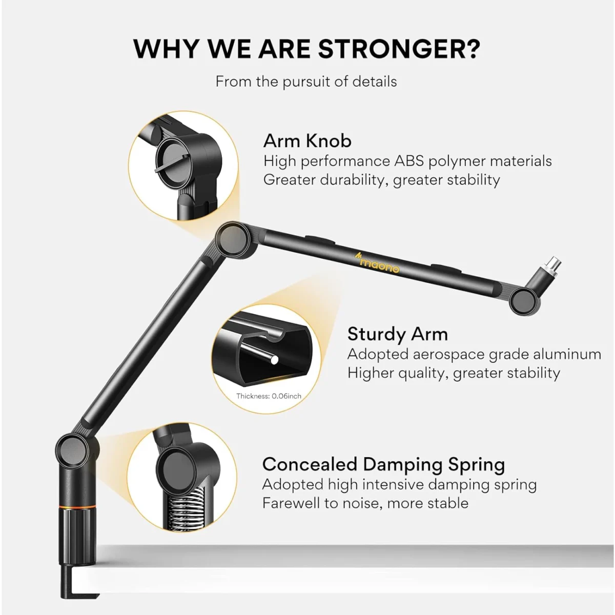 Maono BA90 Microphone Boom Arm, [ Sturdy & Stable] [Adjustable 360°]Rotatable Mic Boom Arm Stand with 38 to 58 Adapter, Heavy Duty Microphone Stand