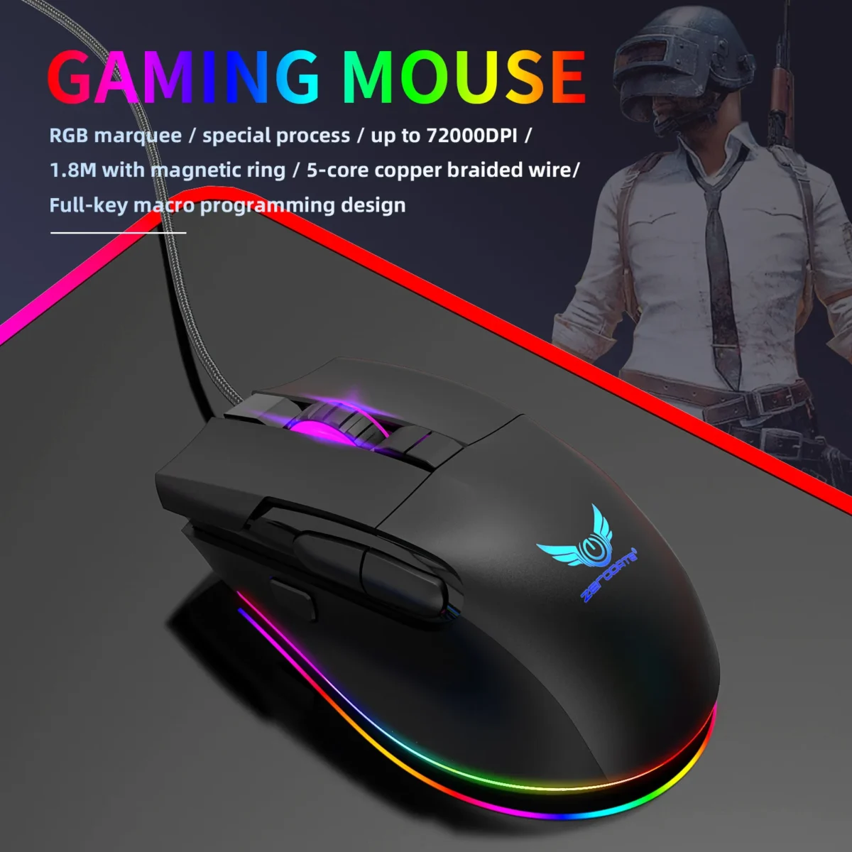 ZERODATE G26 TERMINATOR Gaming Mouse - Optical Sensor 7,200 DPI - Polling Rate 1000Hz - 8 Buttons