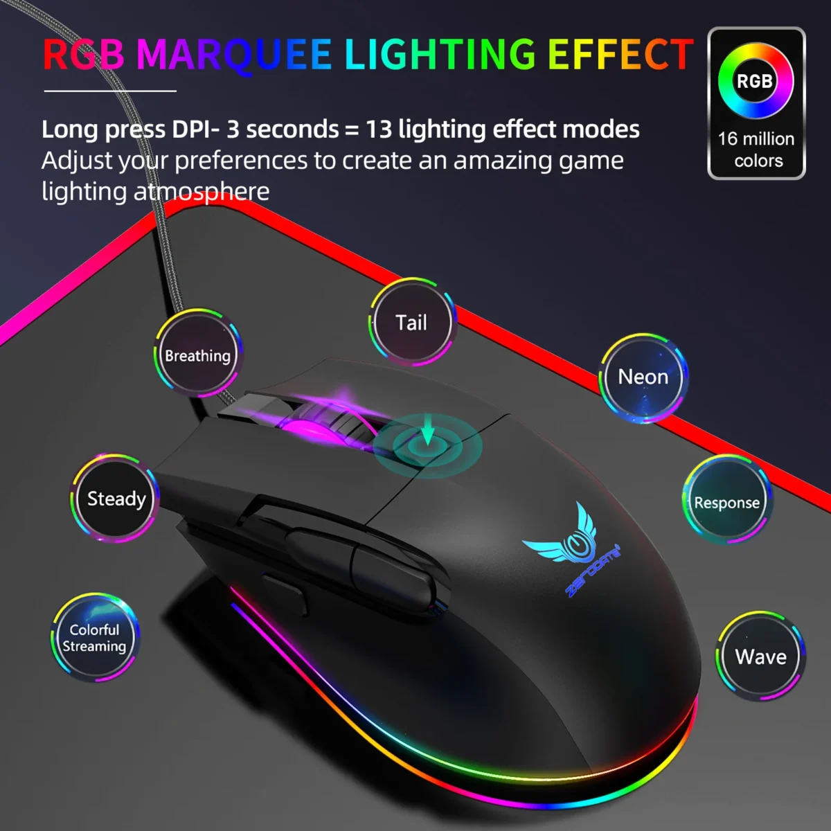 ZERODATE G26 TERMINATOR Gaming Mouse - Optical Sensor 7,200 DPI - Polling Rate 1000Hz - 8 Buttons