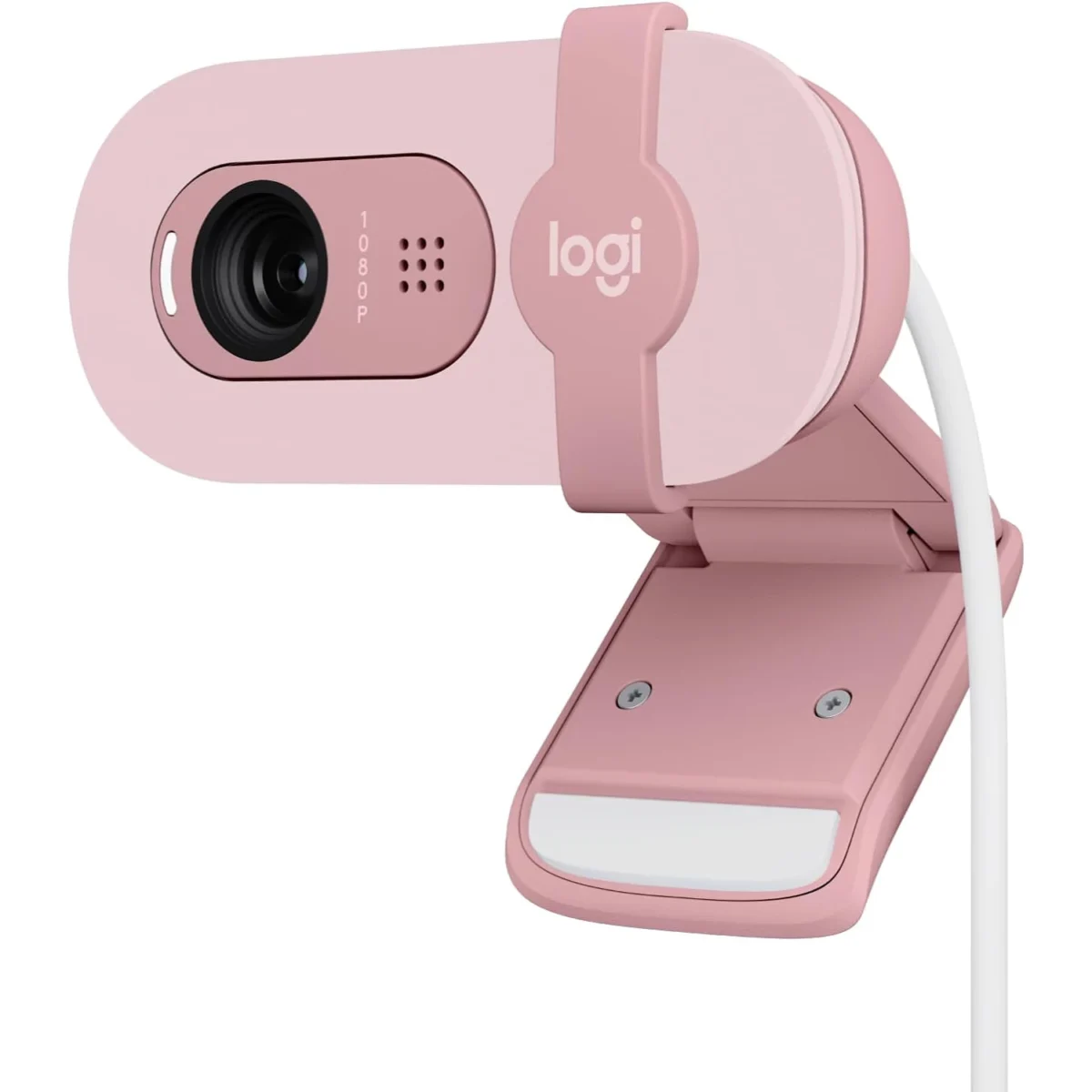 Logitech BRIO 100 Full HD 1080p webcam with auto-light balance, integrated privacy shutter, and built-in mic (Rose)