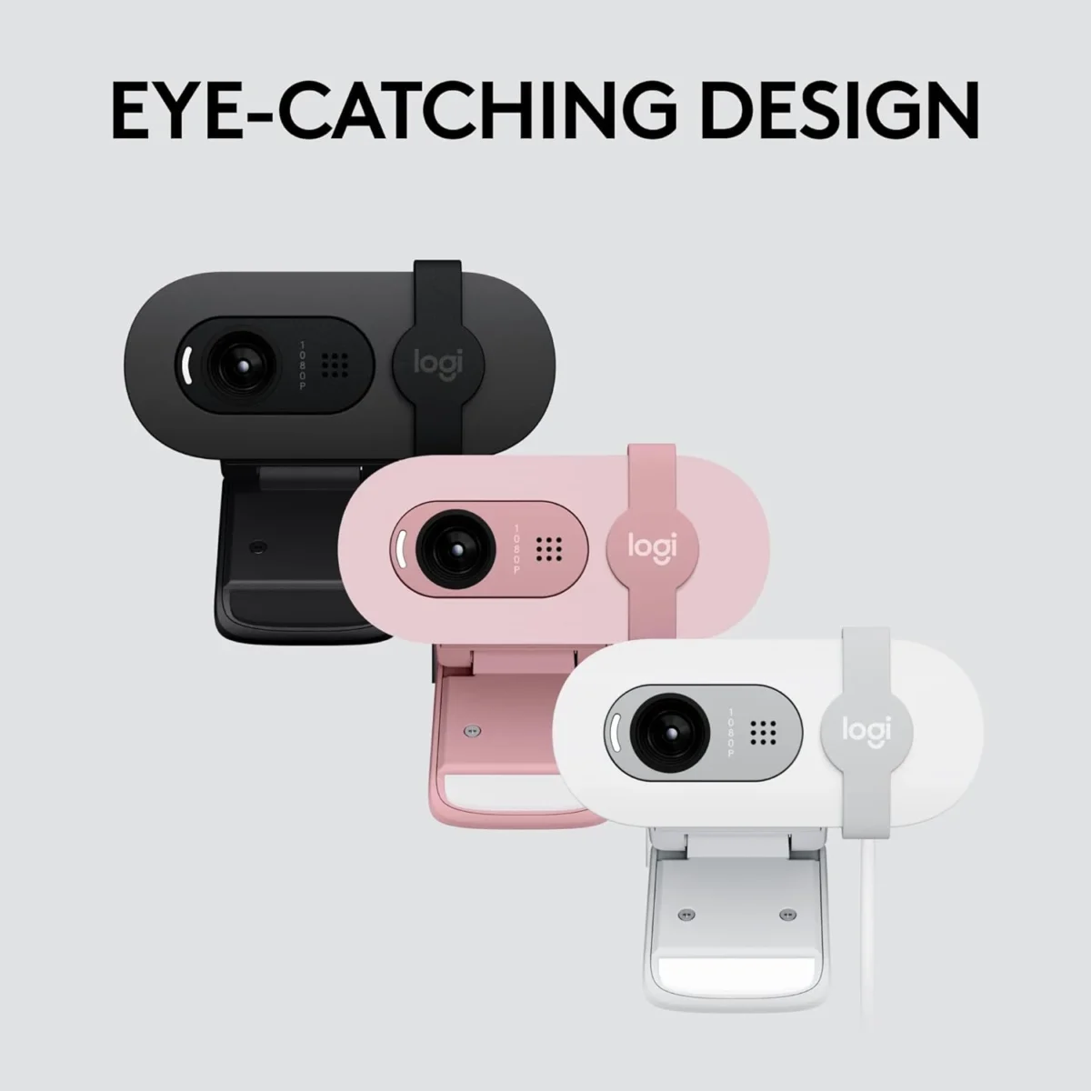 Logitech BRIO 100 Full HD 1080p webcam with auto-light balance, integrated privacy shutter, and built-in mic (Rose)
