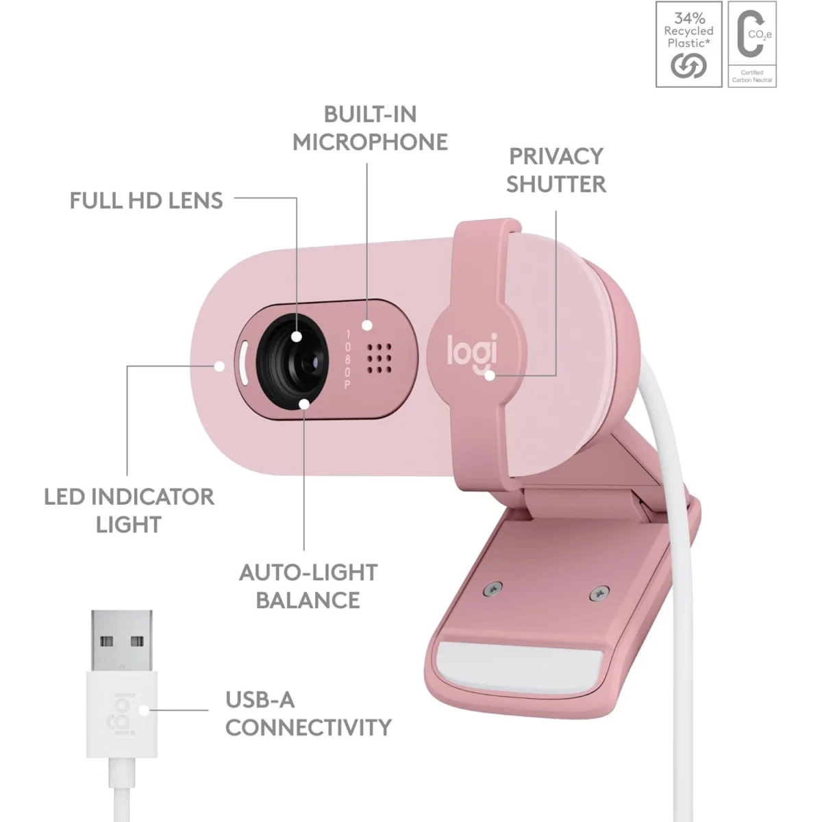 Logitech BRIO 100 Full HD 1080p webcam with auto-light balance, integrated privacy shutter, and built-in mic (Rose)