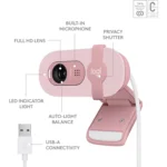 Logitech BRIO 100 Full HD 1080p webcam with auto-light balance, integrated privacy shutter, and built-in mic (Rose)