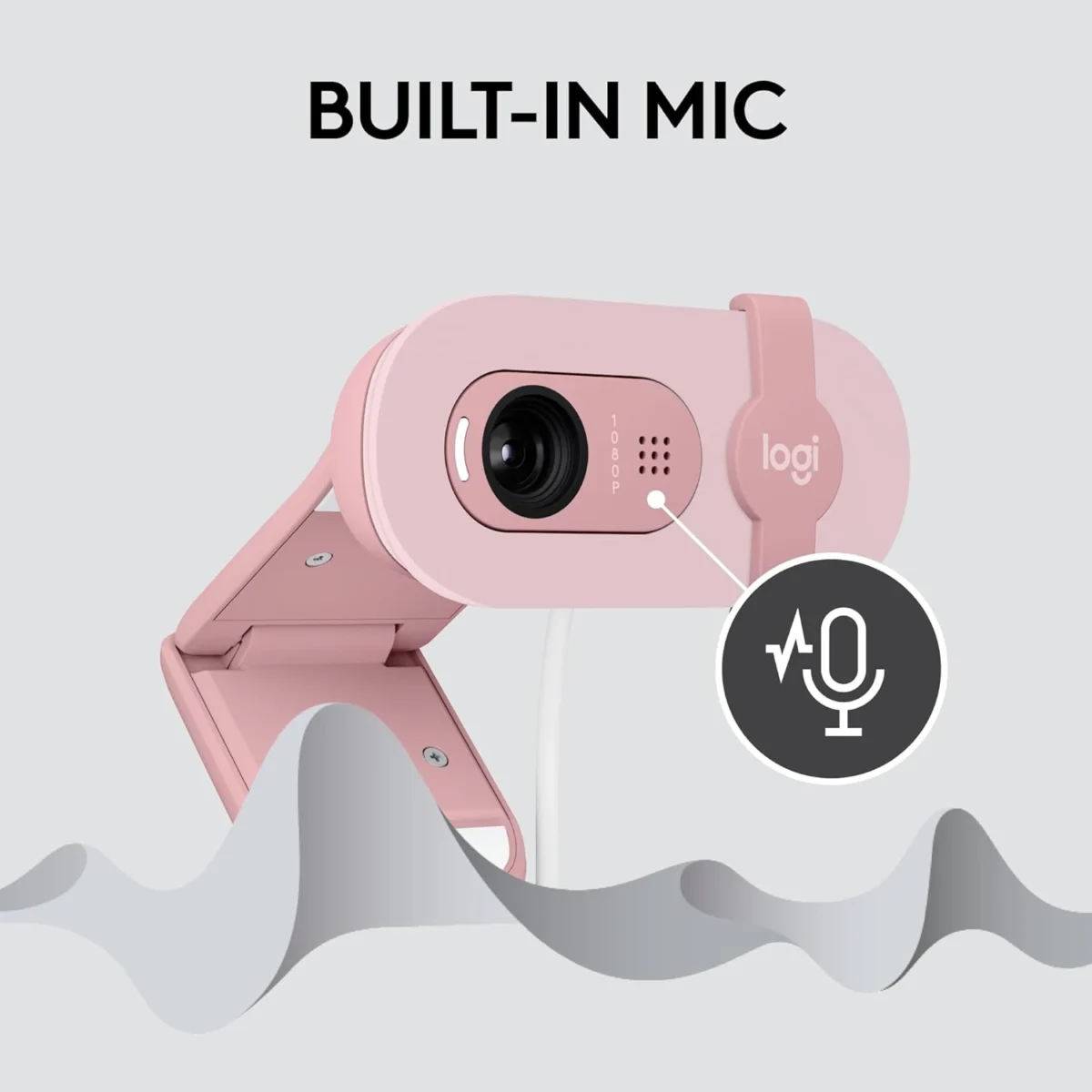 Logitech BRIO 100 Full HD 1080p webcam with auto-light balance, integrated privacy shutter, and built-in mic (Rose)