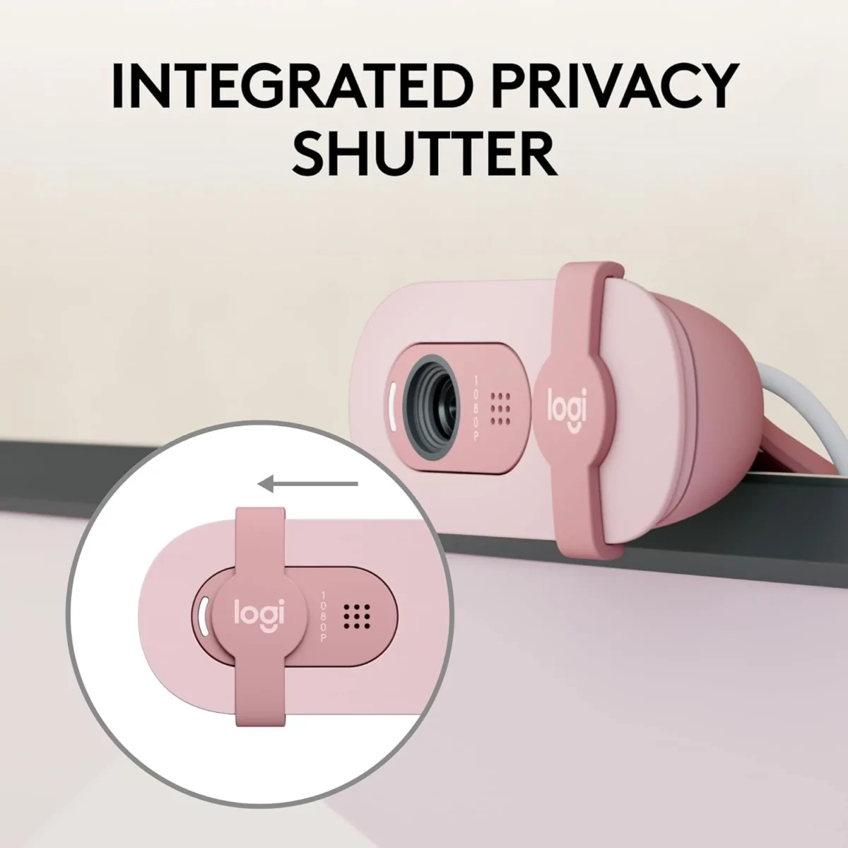 Logitech BRIO 100 Full HD 1080p webcam with auto-light balance, integrated privacy shutter, and built-in mic (Rose)