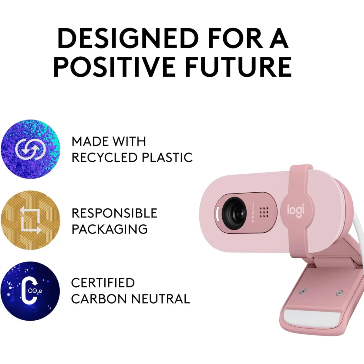 Logitech BRIO 100 Full HD 1080p webcam with auto-light balance, integrated privacy shutter, and built-in mic (Rose)