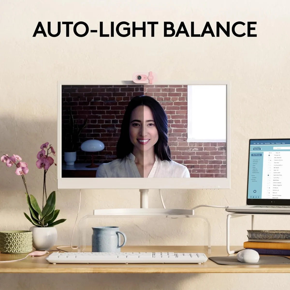 Logitech BRIO 100 Full HD 1080p webcam with auto-light balance, integrated privacy shutter, and built-in mic (Rose)