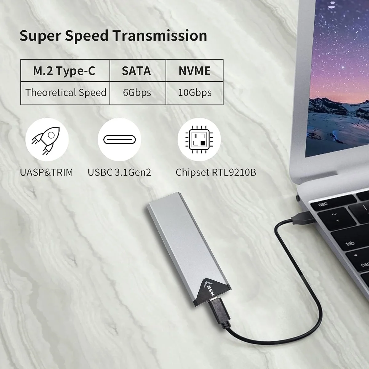 SSK Aluminum M.2 NVME SATA SSD Enclosure Adapter
