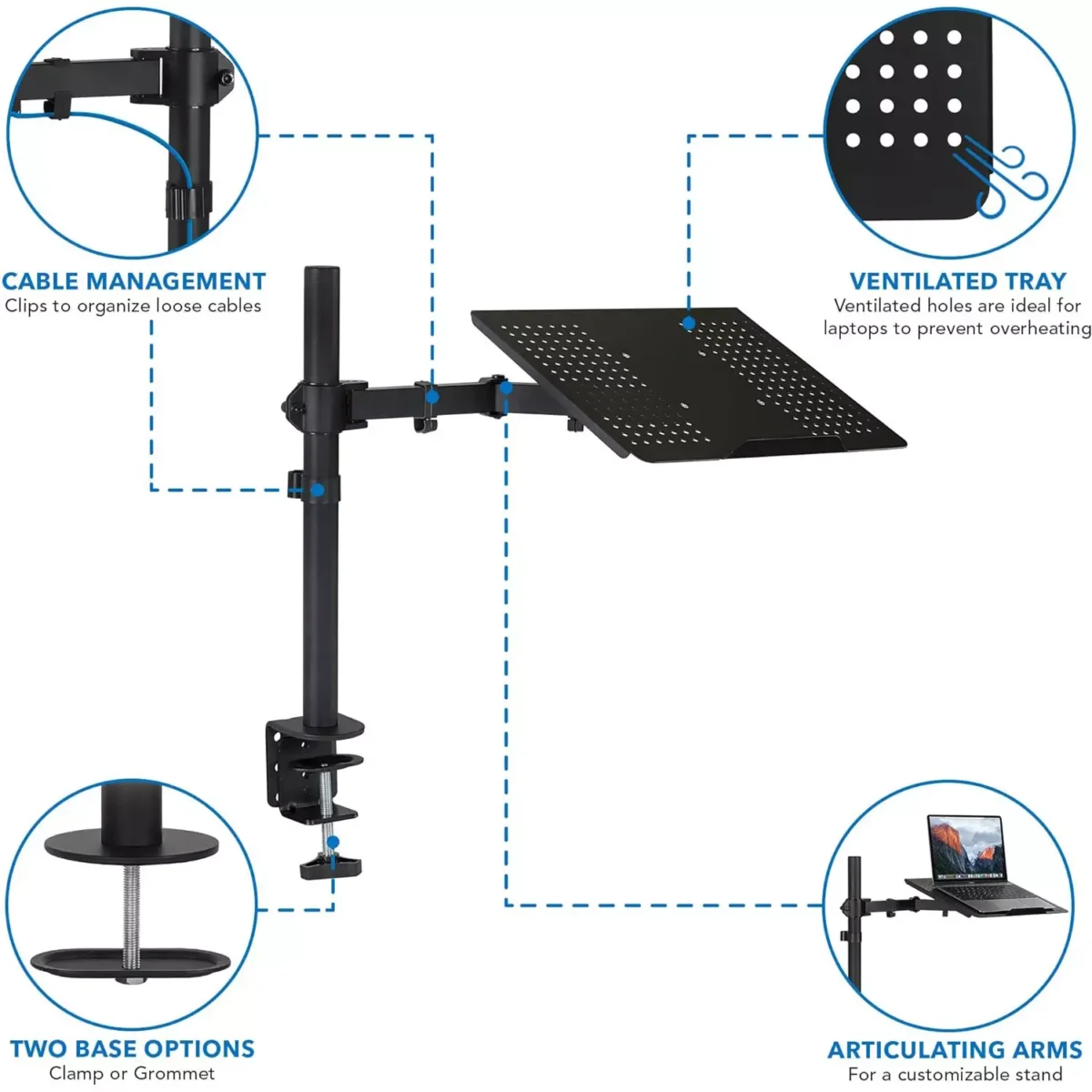 Laptop Desk Mount, Full Motion Laptop Arm with Vented Tray