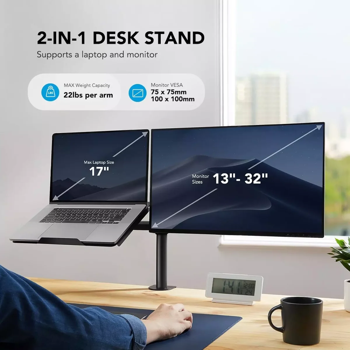 Laptop Monitor Mount, Single Monitor Desk Mount Holds 13-32 inch Computer Screen, Laptop Notebook Desk Mount Stand Fits Up to 17 inch, Fully Adjustable Weight Up to 10 Kg