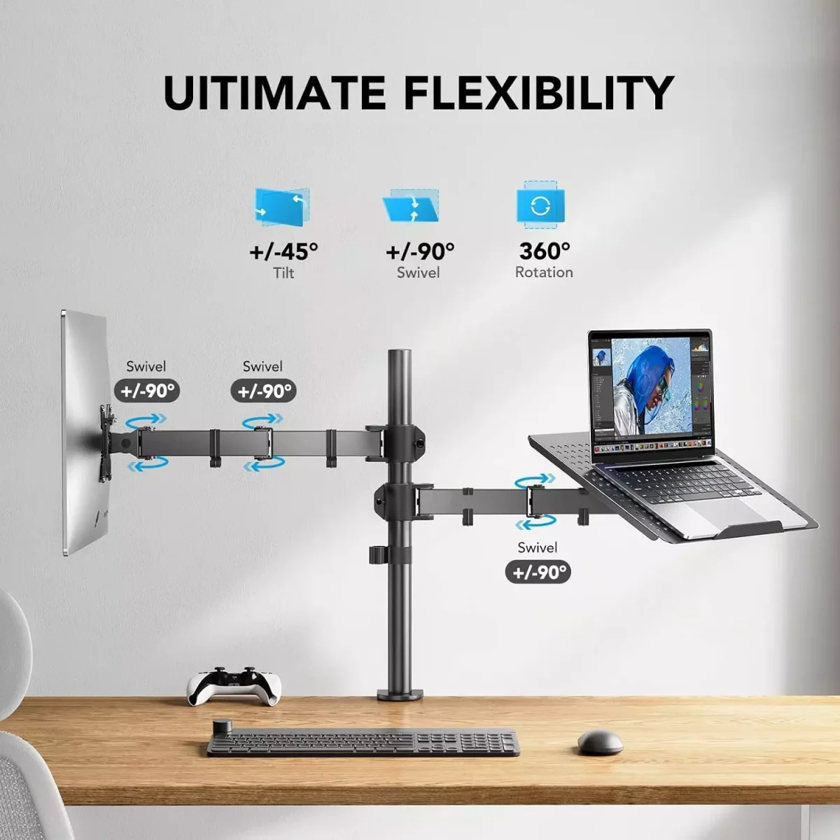Laptop Monitor Mount, Single Monitor Desk Mount Holds 13-32 inch Computer Screen, Laptop Notebook Desk Mount Stand Fits Up to 17 inch, Fully Adjustable Weight Up to 10 Kg