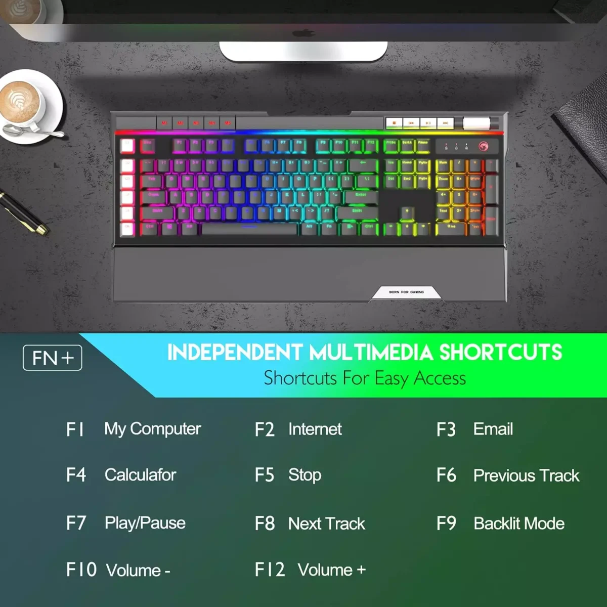 MARVO KG965G RGB Gaming Mechanical Keyboard - OUTEMU Blue Switch - Volume Wheel & Media Keys - Aluminium Frame - 2 USB Passthrough Port - Detchable Wrist
