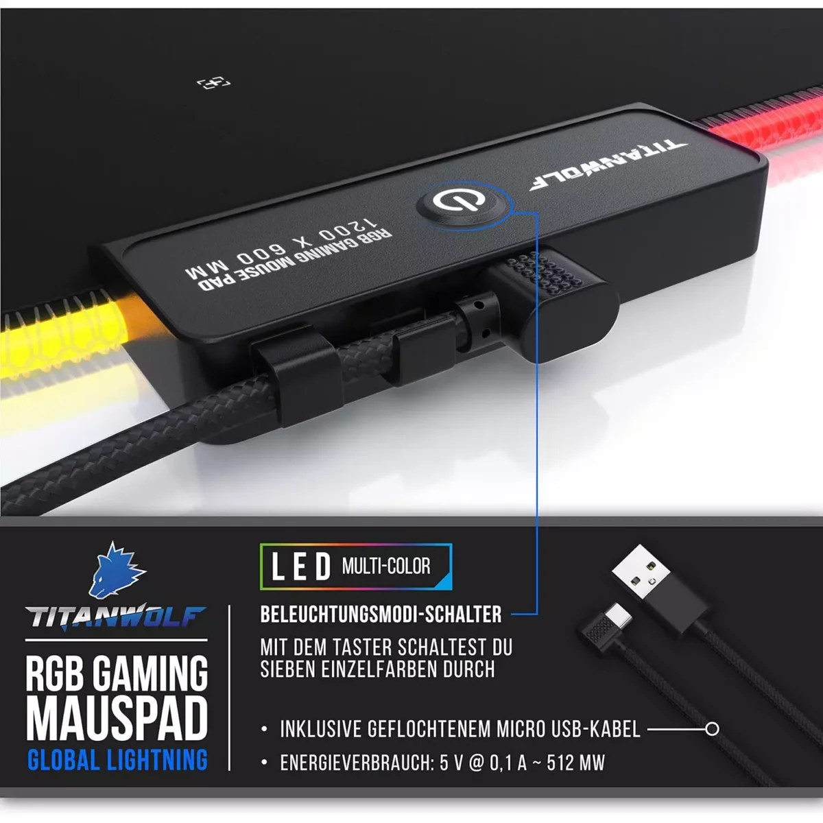 Titanwolf XXXL RGB Gaming Mouse Mat - 1200 x 600 mm
