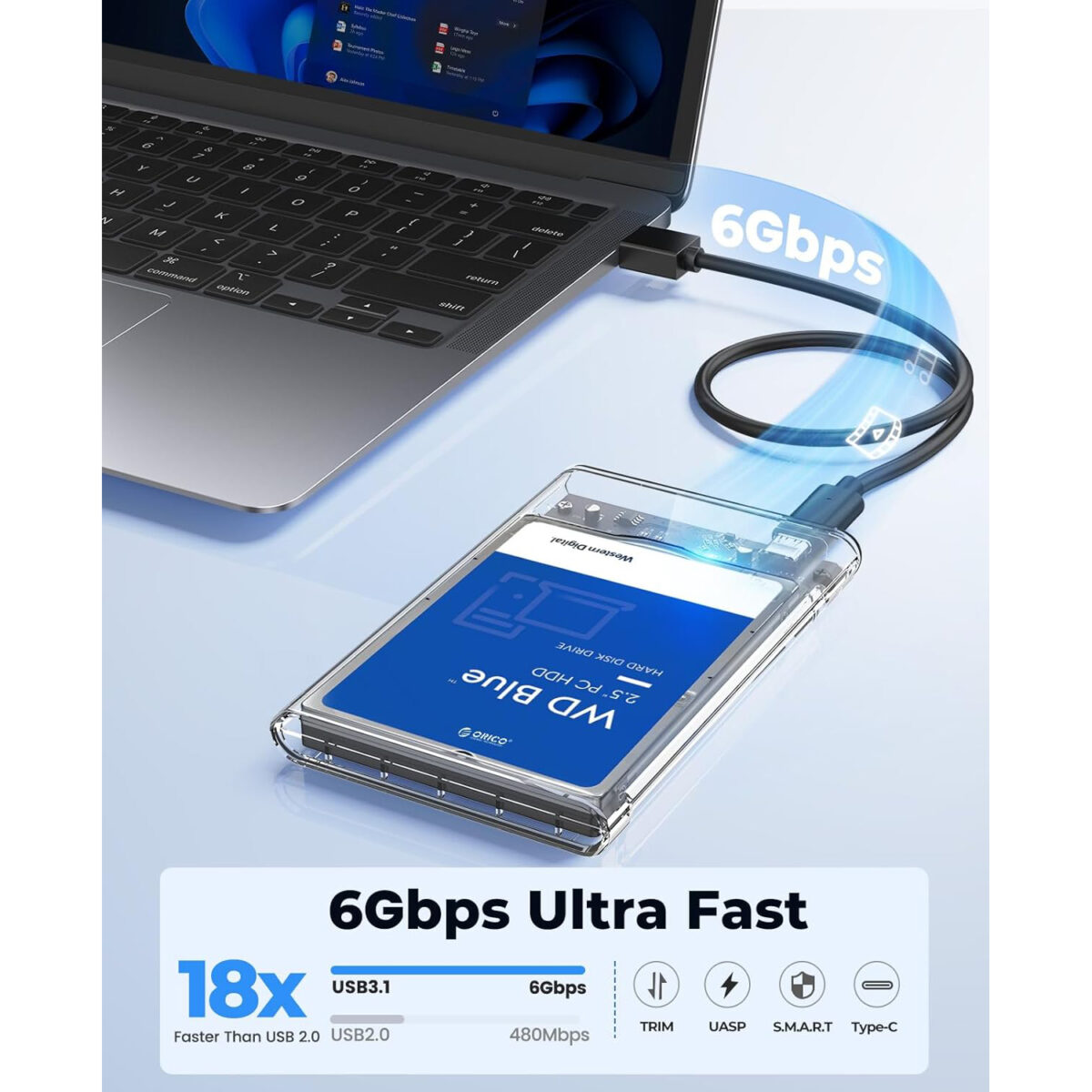 2.5 inch Hard Drive Enclosure SATA to USB C 3.1 6Gbps External Hard Drive Case for 79.5mm HDDSSD Support UASP Up to 6TB