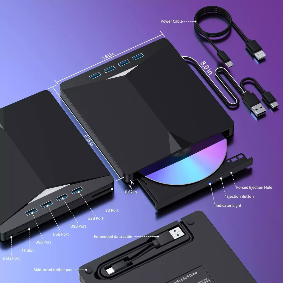 External Portable CD/DVD Burner Drive for Laptop - 7 in 1 USB 3.0 DVD Player