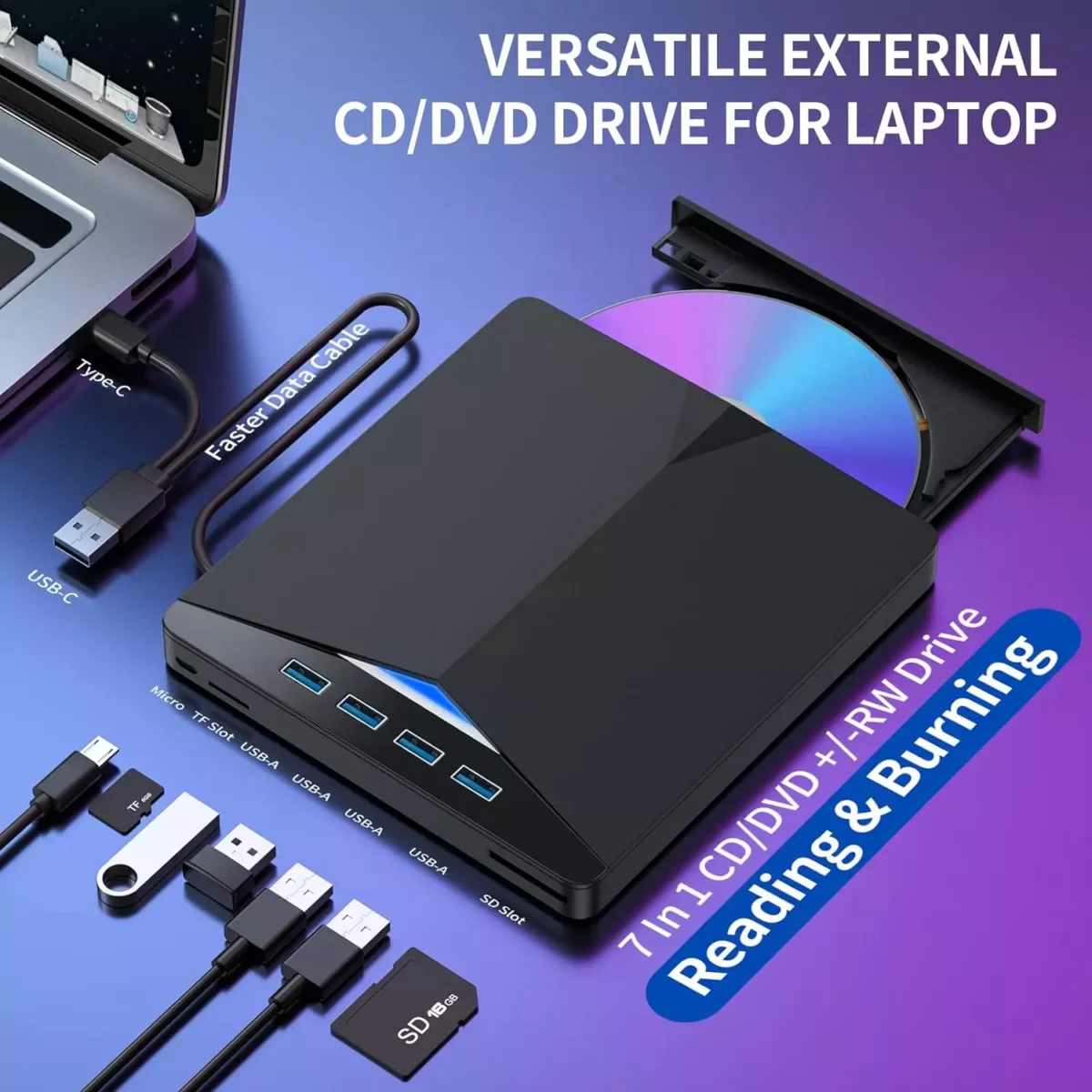 External Portable CD/DVD Burner Drive for Laptop - 7 in 1 USB 3.0 DVD Player
