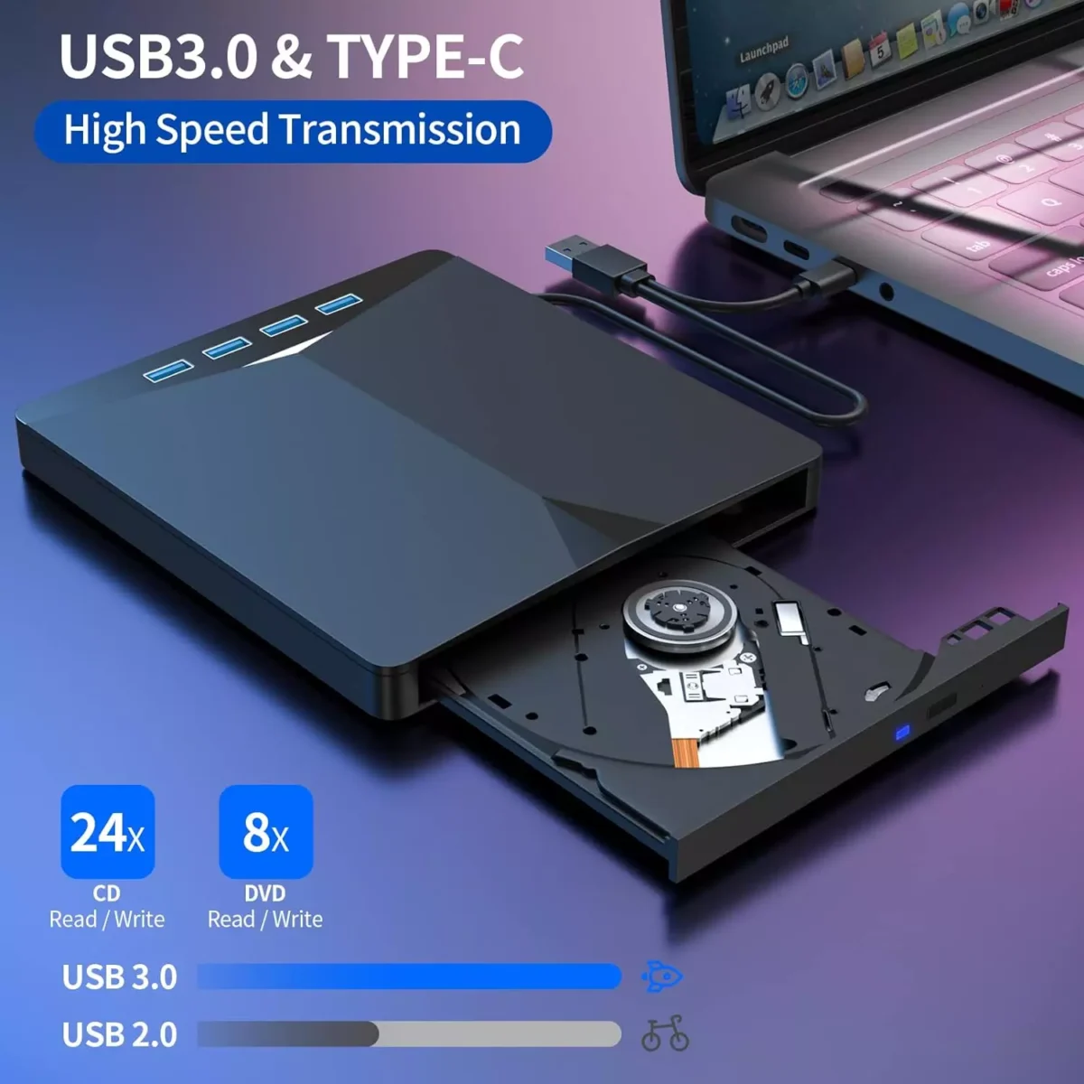 External Portable CD/DVD Burner Drive for Laptop - 7 in 1 USB 3.0 DVD Player