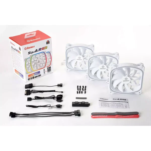 Enermax Squa RGB 3 Fan Pack PWM 120mm Case Fan, Addressable RGB Sync Via Motherboard Control Box (White)